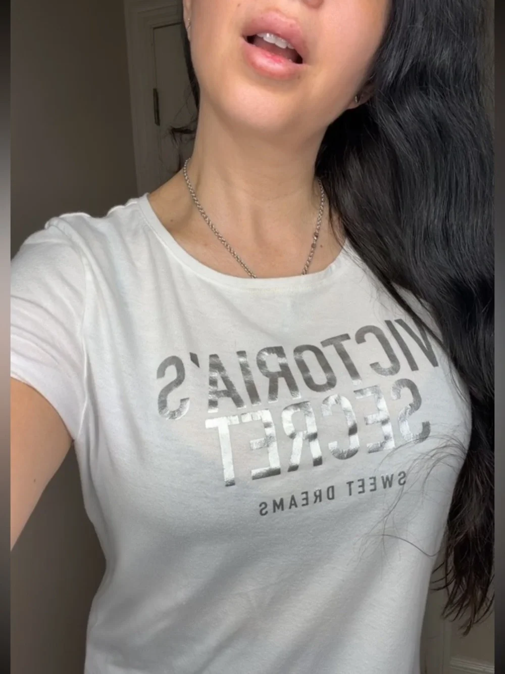 Victoria's Secret White Scoop Neck Tee with Silver Foil Logo